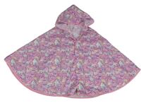 Růžové vzorované šusťákové pončo s jednorožci a kapucí 
