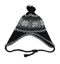 Tmaovmodro-šedá vzorovaná pletená čepice s bambulí 