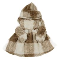 Bílo-hnědé kostkované chlupaté šaty s kapucí Shein