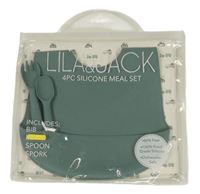 Nové - 2set - zelený silikonový bryndák s kapsou + silikonový příbor 