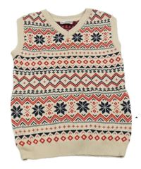 Smetanovo-červeno-černá vzorovaná pletená vesta s vločkami