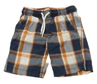 Tmavomodro-smetanovo-oranžové kostkované plátěné kraťasy C&A