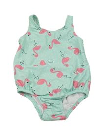 Zelené jednodílné plavky s plameňáky tu