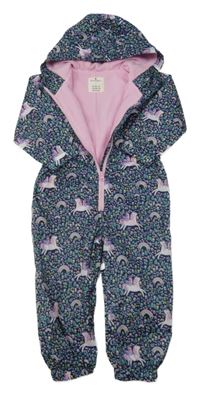 Tmavomodro-růžová šusťáková podzimní kombinéza s jednorožci a kapucí Matalan
