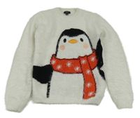 Bílý chlupatý svetr s tučňákem 