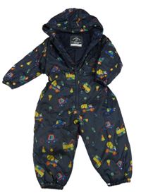 Tmavomodrá šusťáková zateplená kombinéza s auty a kapucí George