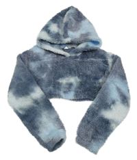 Šedomodro-světlemodro-bílá batikovaná plyšová crop mikina s kapucí Shein