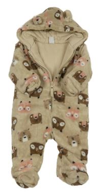 Béžovo-hnědo-růžová plyšová zateplená kombinéza s medvídky a sovami a kapucí Topomini