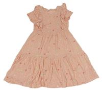 Světlerůžové vzorované šaty s ptáčky a motýlky a volánky Kids