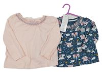 Nové - 2set - 2x triko - růžové s výšivkou + petrolejové s jednorožci a labutěmi F&F
