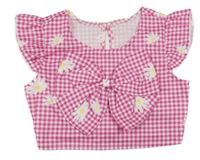 Růžovo-bílý kostkovaný květovaný crop top s 3D mašlí Shein