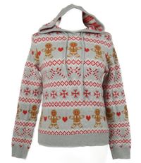 Dámský šedo-červený vzorovaný svetr s perníčky a kapucí Primark 