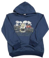 Tmavomodrá lehká mikina s obrázkem a kapucí 