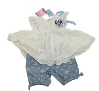 Nové - 2 set - bílá šatová tunika s madeirou a Minnie + světlemodré plátěné kraťasy s kytičkami Matalan