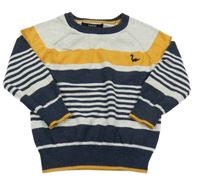 Šedo-modro-hořčicový pruhovaný svetr s dinosaurem George