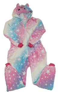 Barevná duhová chlupatá kombinéza s hvězdami a kapucí - jednorožec