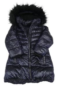 Tmavomodrý šusťákový prošívaný zimní kabát s kapucí Next