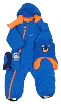 3set - Modrá šusťáková zimní kombinéza s kapucí + čepice + rukavice Wed´ze