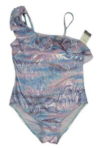 Nové - Modro-růžové třpytivé jednodílné plavky s volánkem Primark