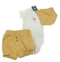 Nové - 3 set - bílé body se sluncem + žluto-červené pruhované kraťasy + žluto-červený slinták