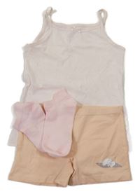 3set - světlerůžové ponožky - nové + meruňkové kalhotky + košilka 