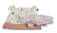 2set - Bílo-růžová bavlněná čepice s Bambim + bílá čelenka se vzorem Disney