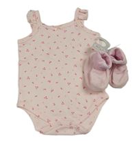 2set - Světlerůžové body s kytičkami + sametové capáčky F&F