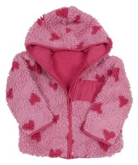Růžová huňatá podšitá bunda se srdíčky a kapucí George