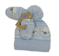 Nové - 2set - Světlemodrá pletená čepice s medvídky + rukavice Nutmeg
