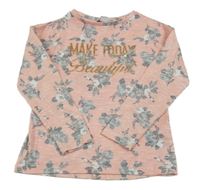 Světlerůžový svetr s květy a nápisem Primark