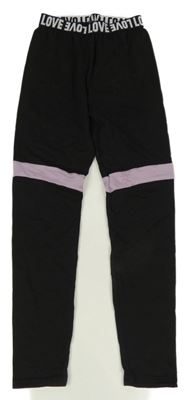 Černo-lila sportovní legíny s nápisem