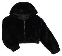 Černá kožešinová podšitá crop bunda s kapucí Peacocks