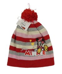 Nové - pruhovano-červená pletená čepice s Minnie a bambulí Disney