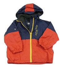 Tmavomodro-červená nepromokavá jarní bunda s logem a odepínací kapucí Kozi Kidz