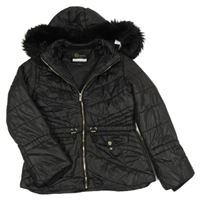 Černá prošívaná šusťáková zimní parka s kapucí s kožešinou RIVER ISLAND