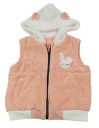 Broskvovo-bílá prošívaná plyšová zateplená vesta se zajíčkem a chlupatou kapucí s oušky 