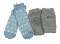 2Set - Modro/mentolovo/bílé pruhované teplé ponožky + šedé melírované návleky s nápisy a protiskluzem