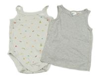 2Set - Bílé košilkové body s ovocem a jahůdkami C&A + šedá melírovaná košilka s mašličkou H&M