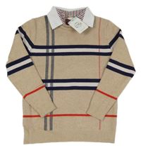 Nové - béžovo-tmavomodro-bílo-červený kostkovaný melírovaný svetr s límečkem 