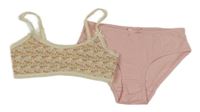 2Set - Smetanová lambáda s kytičkami ZARA + světlerůžové puntíkaté kalhotky s mašličkou 