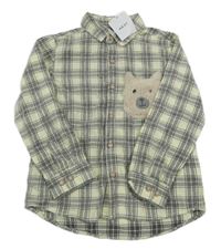 Nové - smetanovo-šedo-černá kostkovaná košile s medvídkem/kapsou Next