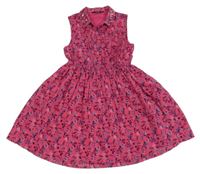 Tmavorůžové šaty s kytičkami a motýlky a límečkem s flitry George