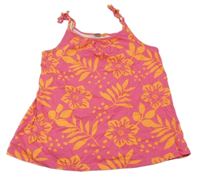 Tmavorůžovo-oranžový vzorovaný top s květy a lístečky Tu