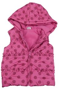 Tmavorůžová puntíkatá prošívaná šusťáková zateplená vesta s kanýrky a kapucí miniclub