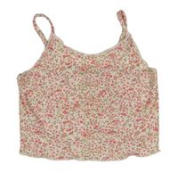 Smetanovo-růžový květovaný žebrovaný crop top Shein
