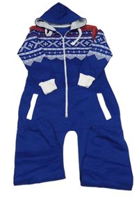 Safírová tepláková kombinéza se vzorem a kapucí