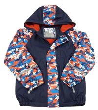 Tmavomodro-červeno-modrá nepromokavá lehce zateplená bunda se vzorem a kapucí Lupilu