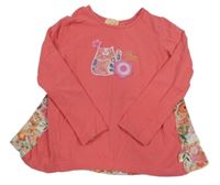 Korálovo-béžové triko s kočkou a květinami