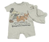 Nové - Světlešedý melírovaný bavlněný kraťasový overal s Mickeym a přáteli + bavlněná čepice George