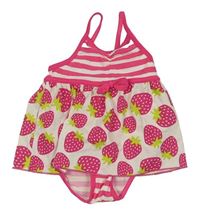 Tmavorůžovo-smetanové jednodílné plavky s jahodami a pruhy Matalan